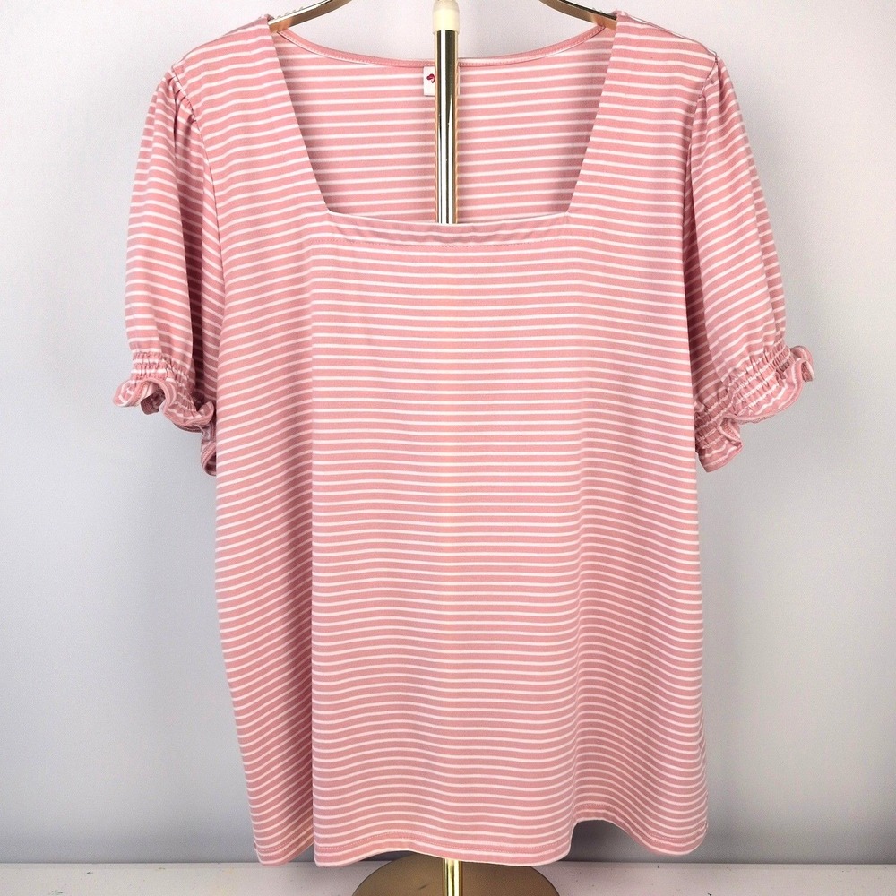 WIHOLL Women 3XL Plus Blouse Pink White Striped Square Neck Puff Sleeve Smocked
